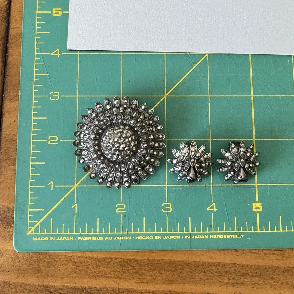 Vintage Weiss Brooch‎ Earrings Set Gray Dark Rhinestones Domed Floral Starburst